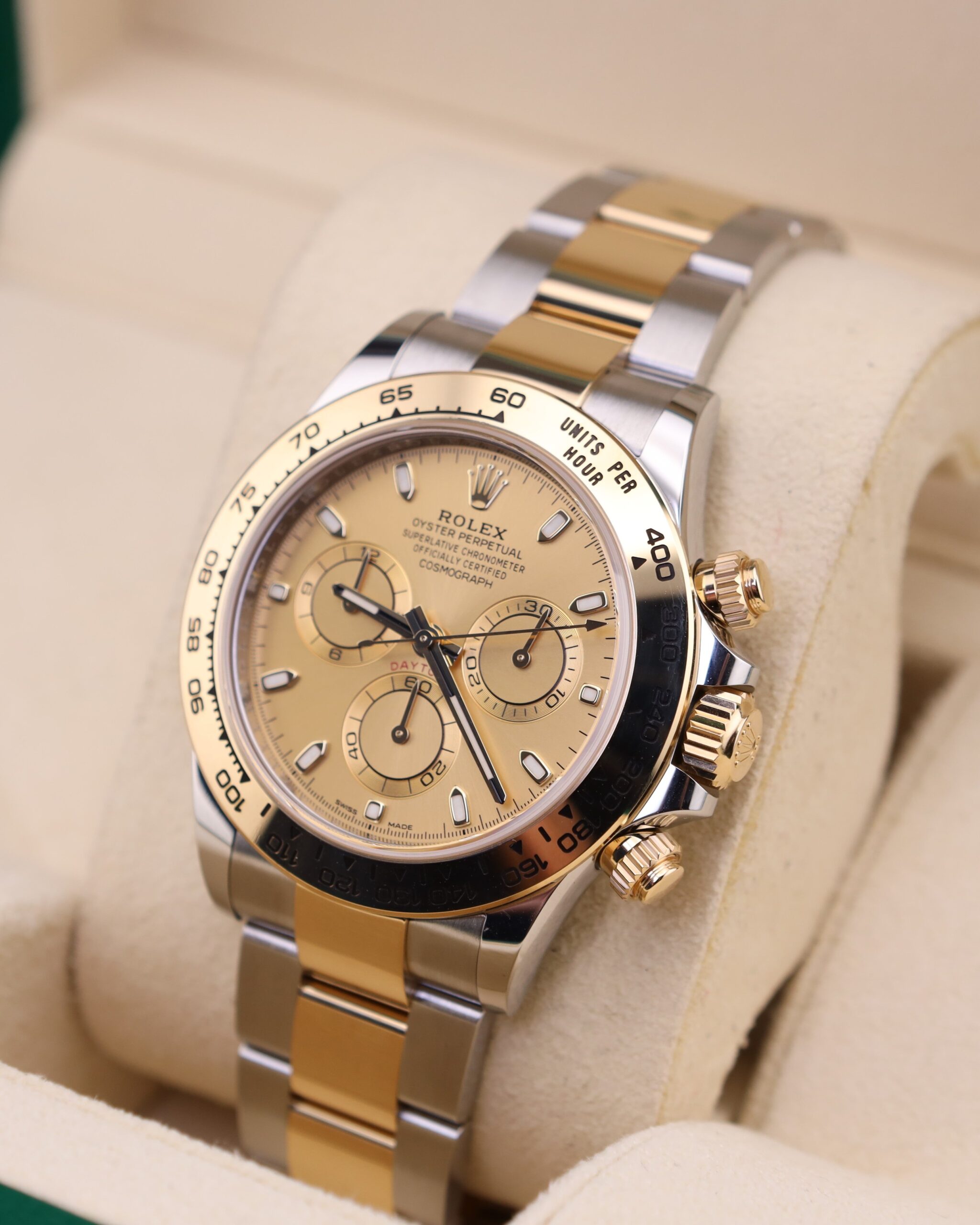 Close-up of Rolex Daytona champagne dial watch