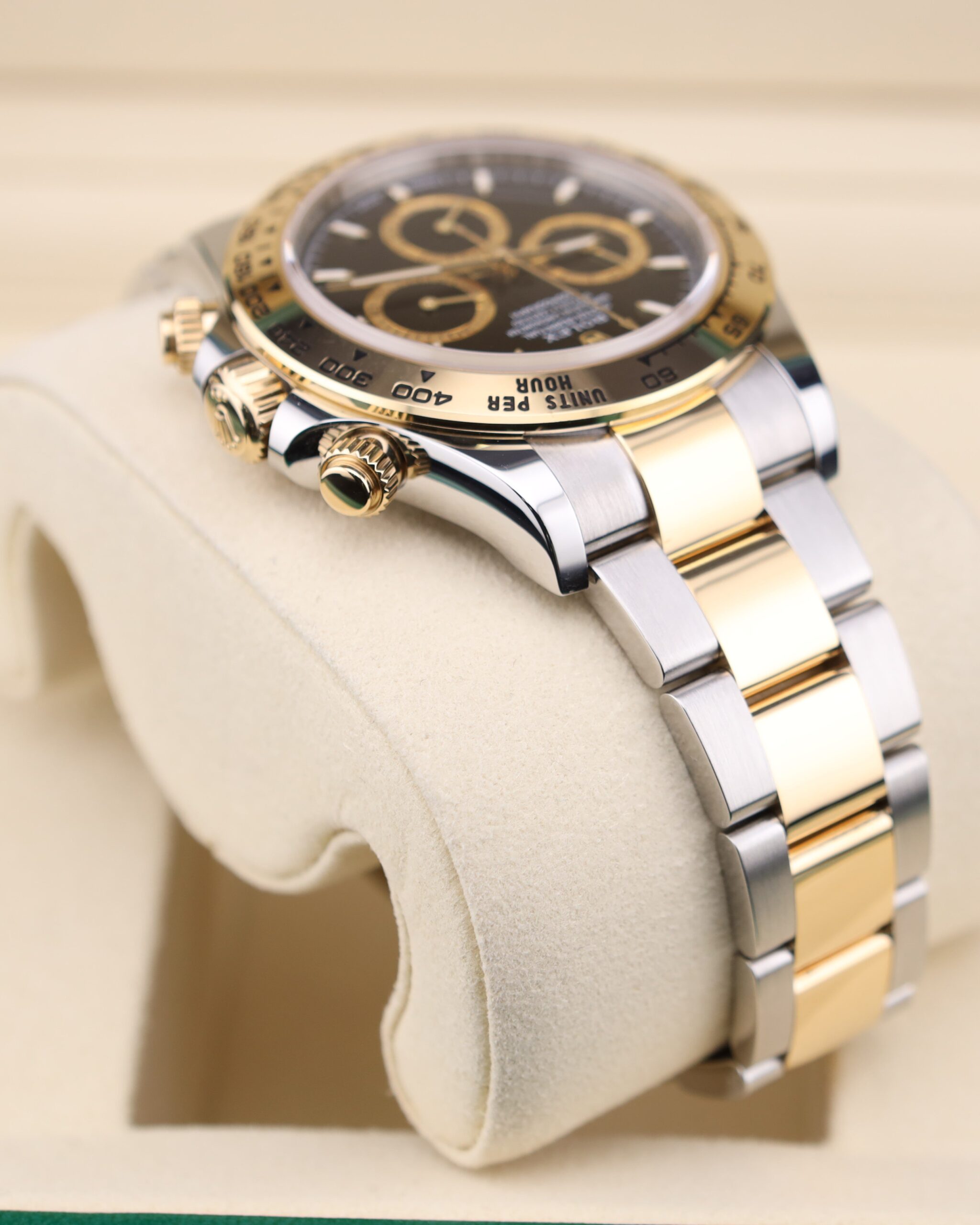 Two-tone chronograph watch with black dial
