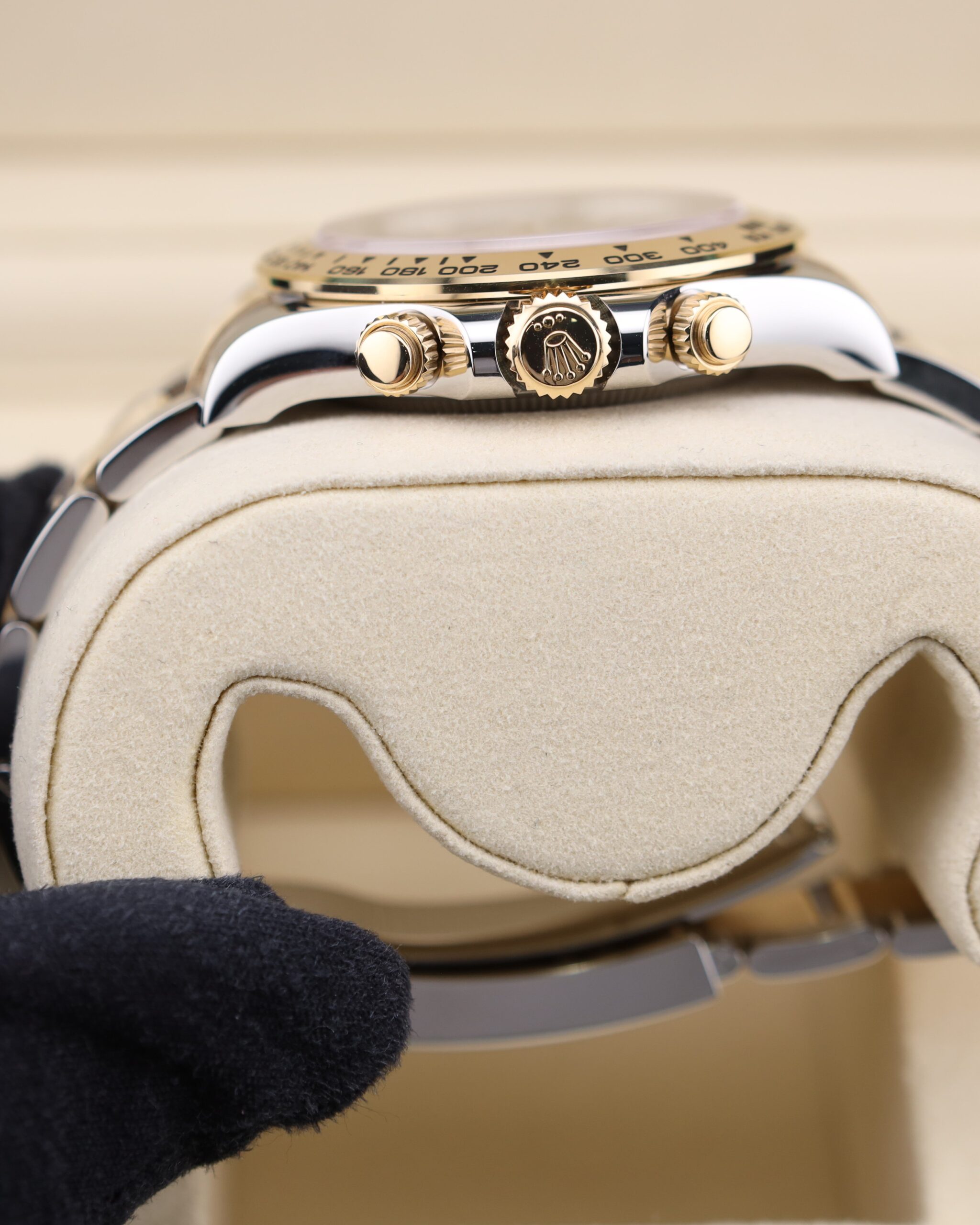 Close-up of two-tone chronograph watch