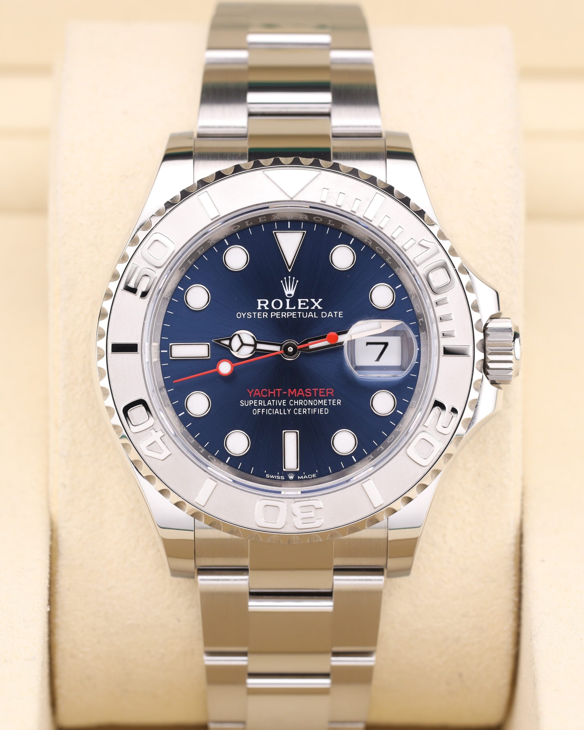 Luxury watch with blue dial and stainless steel bracelet