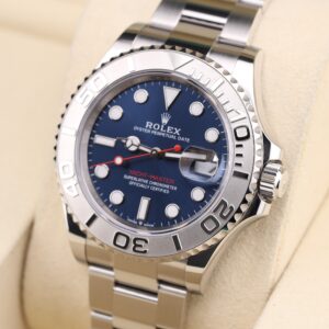 Close-up of blue dial luxury watch