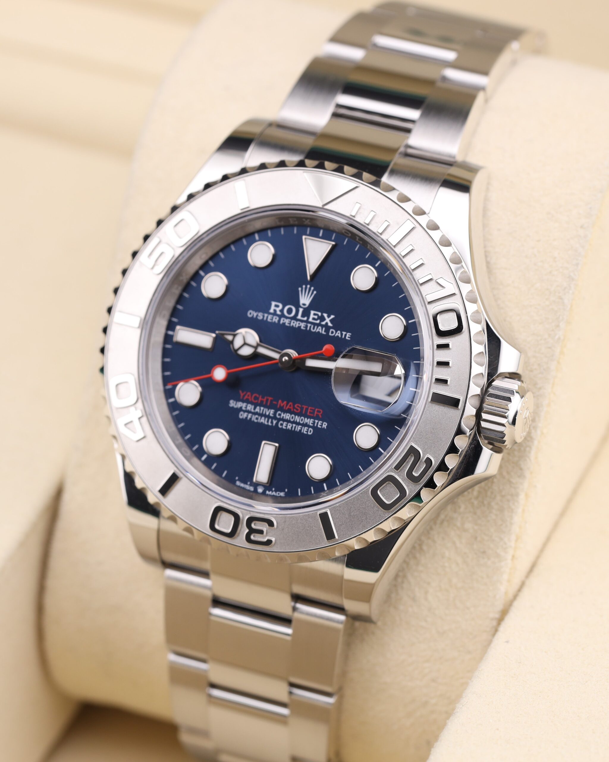 Close-up of blue dial luxury watch