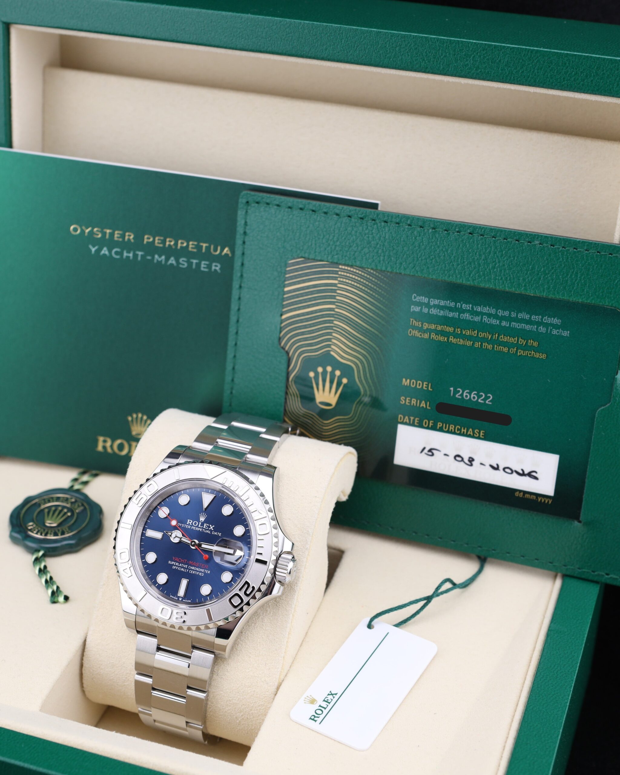 Blue dial watch on wrist