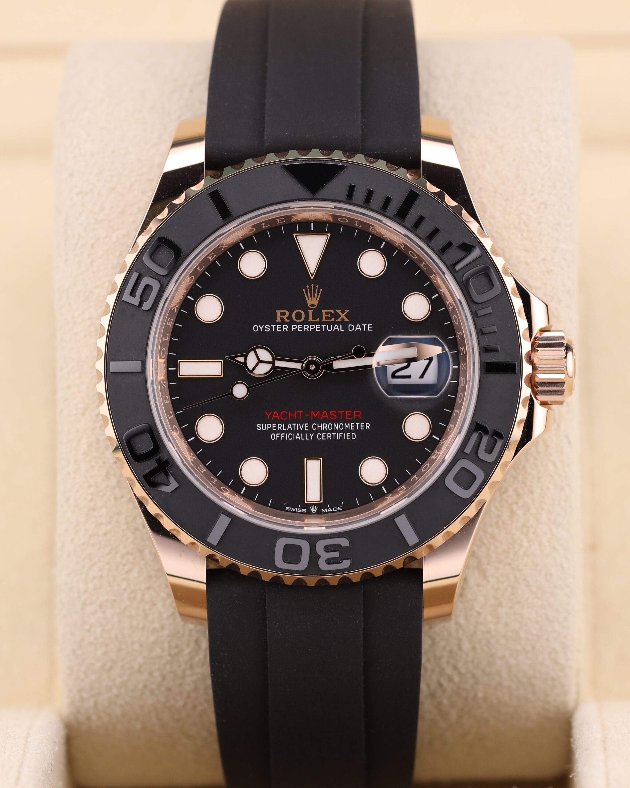 Rose gold sport automatic timepiece on black strap