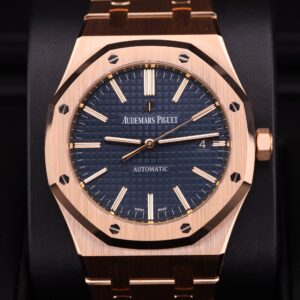 Rose gold luxury watch with blue dial