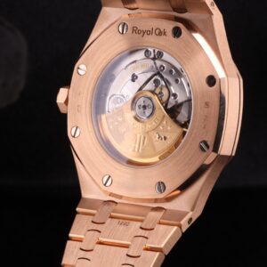 Close-up of blue dial rose gold watch