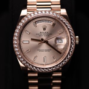 Side profile of pink dial diamond ladies wristwatch