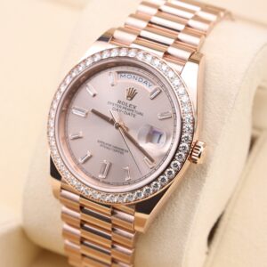 Close-up of pink dial diamond accented ladies watch