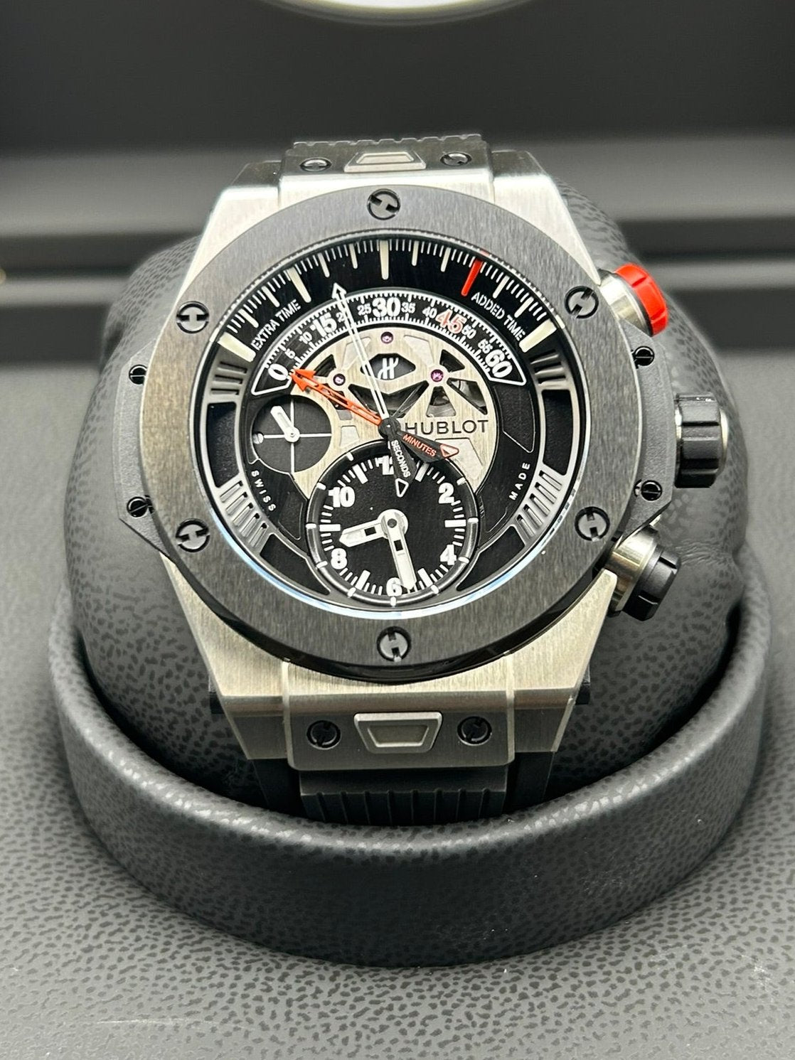 Close-up of luxury automatic chronograph watch