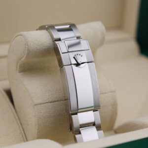 Stainless steel chronograph watch close-up