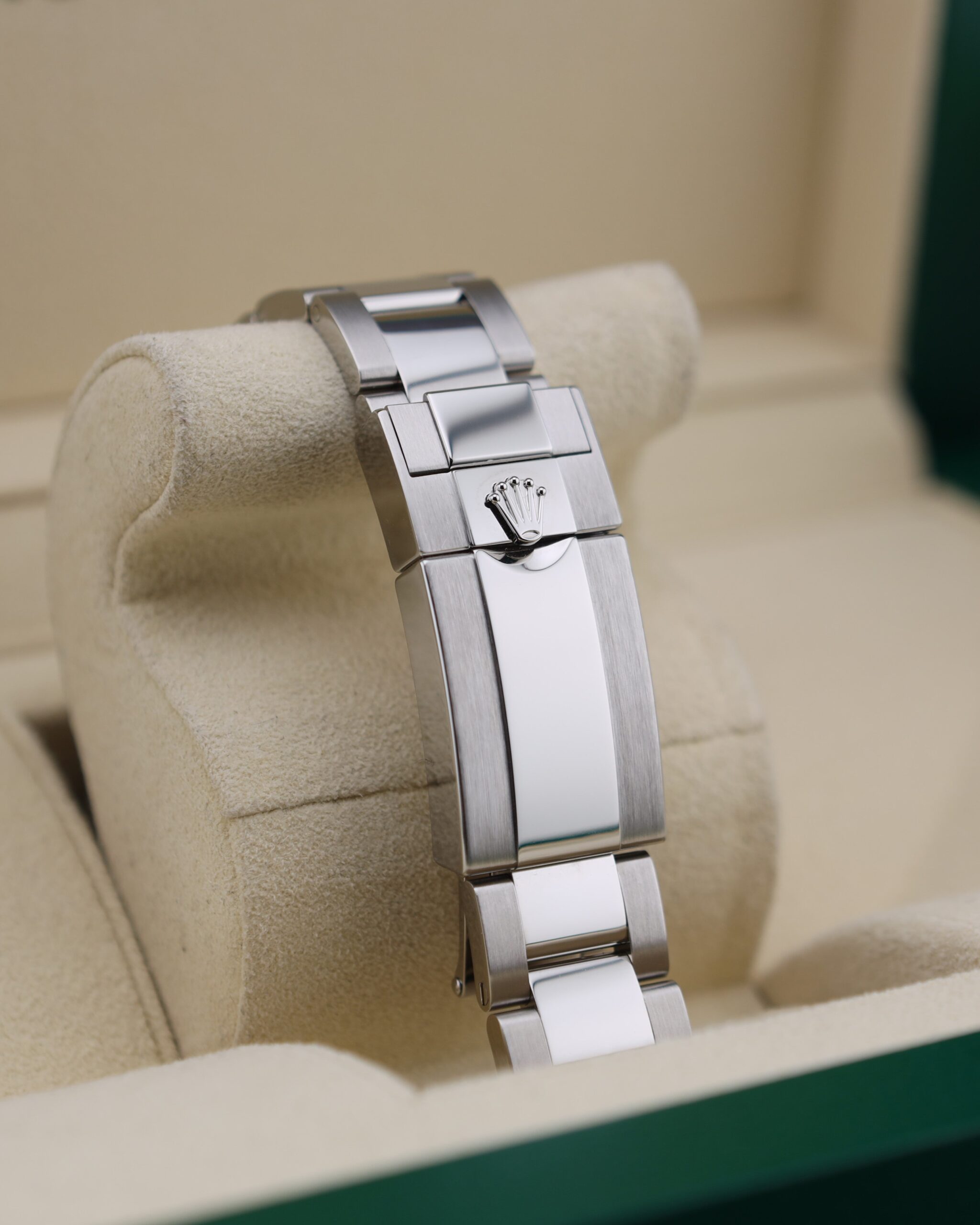 Stainless steel chronograph watch close-up