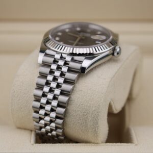 Side angle of black diamond dial wristwatch