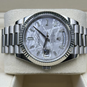 Close-up of meteorite dial on luxury watch