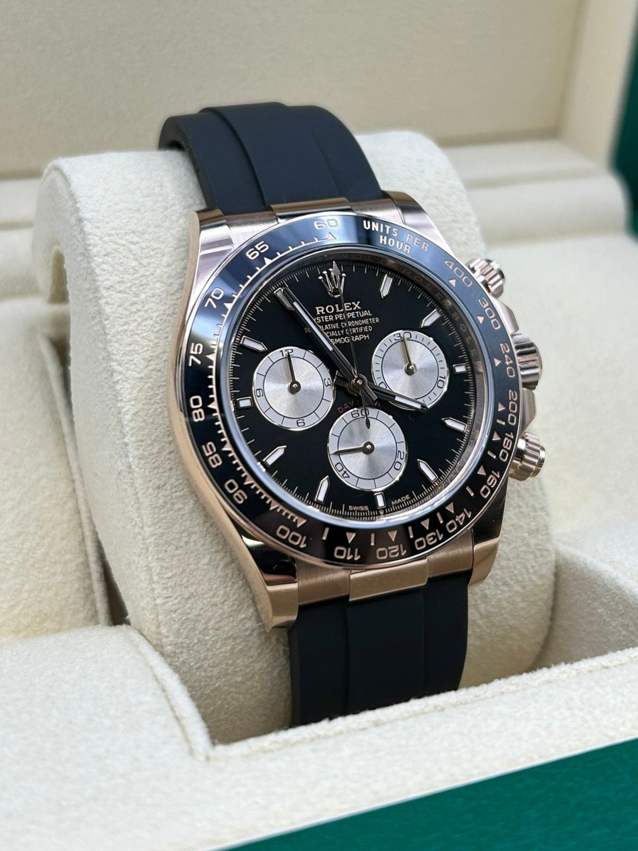 Luxury rose gold watch with black dial