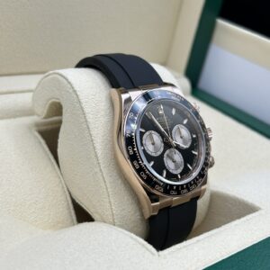 Rose gold chronograph watch with black dial
