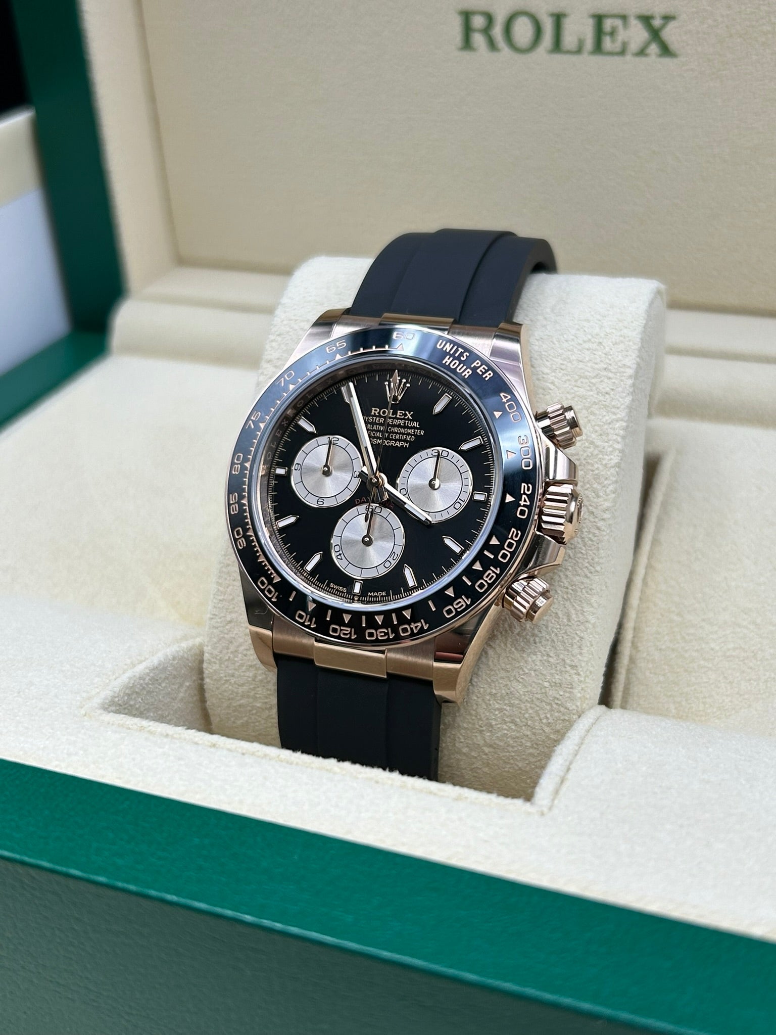 Black dial rose gold mechanical chronograph