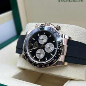 Rose gold chronograph watch with black dial