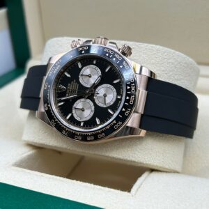 Black dial rose gold chronograph watch close-up
