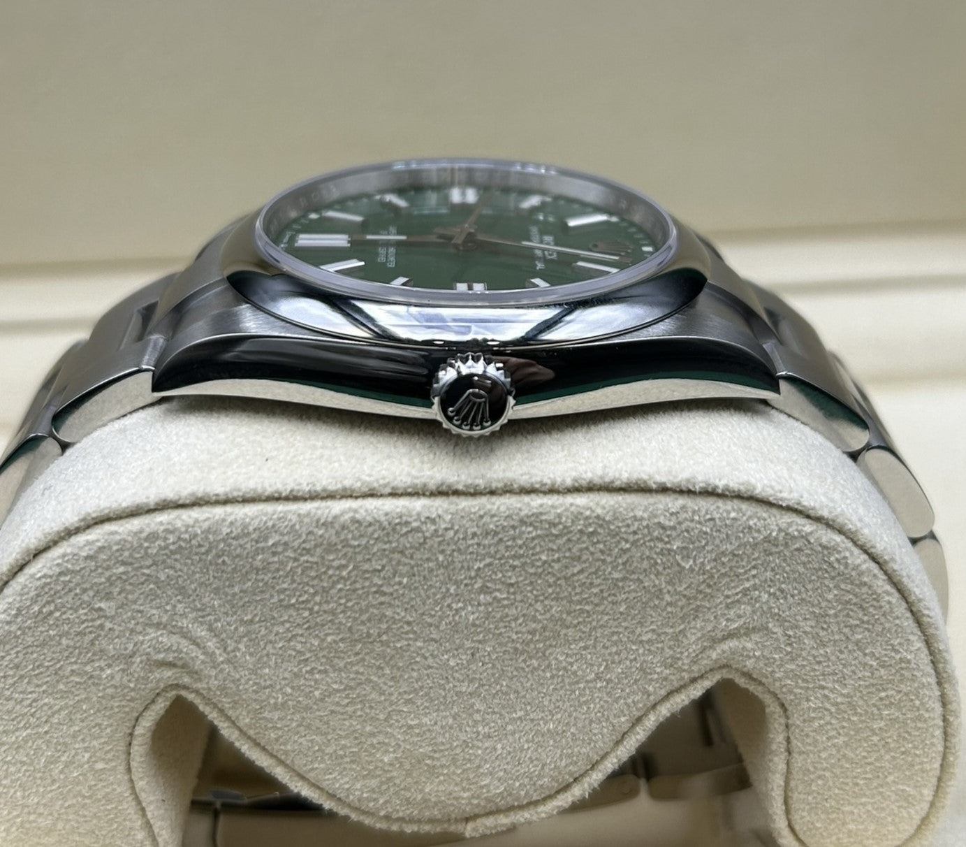 Rolex Oyster Perpetual 41mm green dial close-up