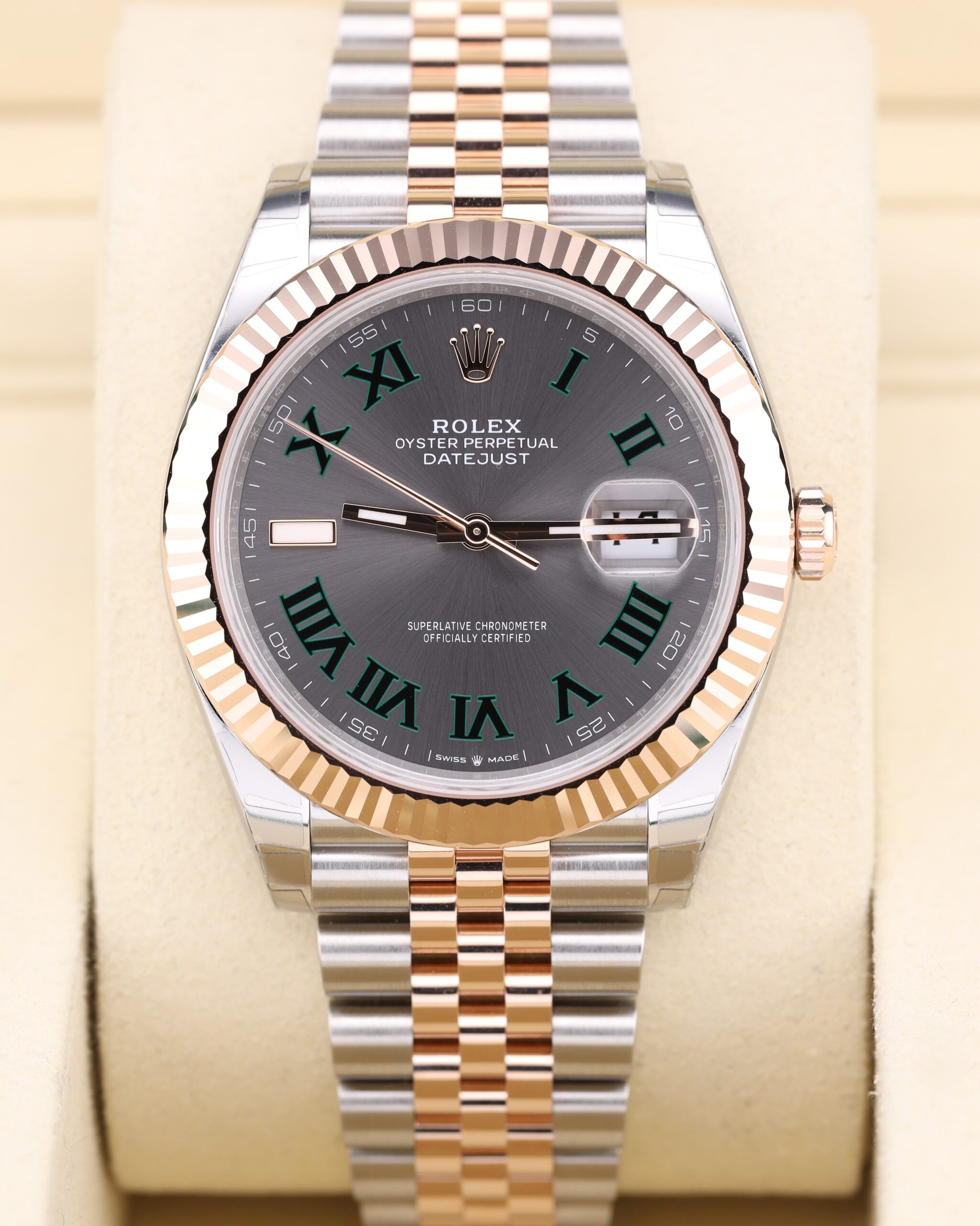 Rose gold automatic dress watch on Jubilee bracelet